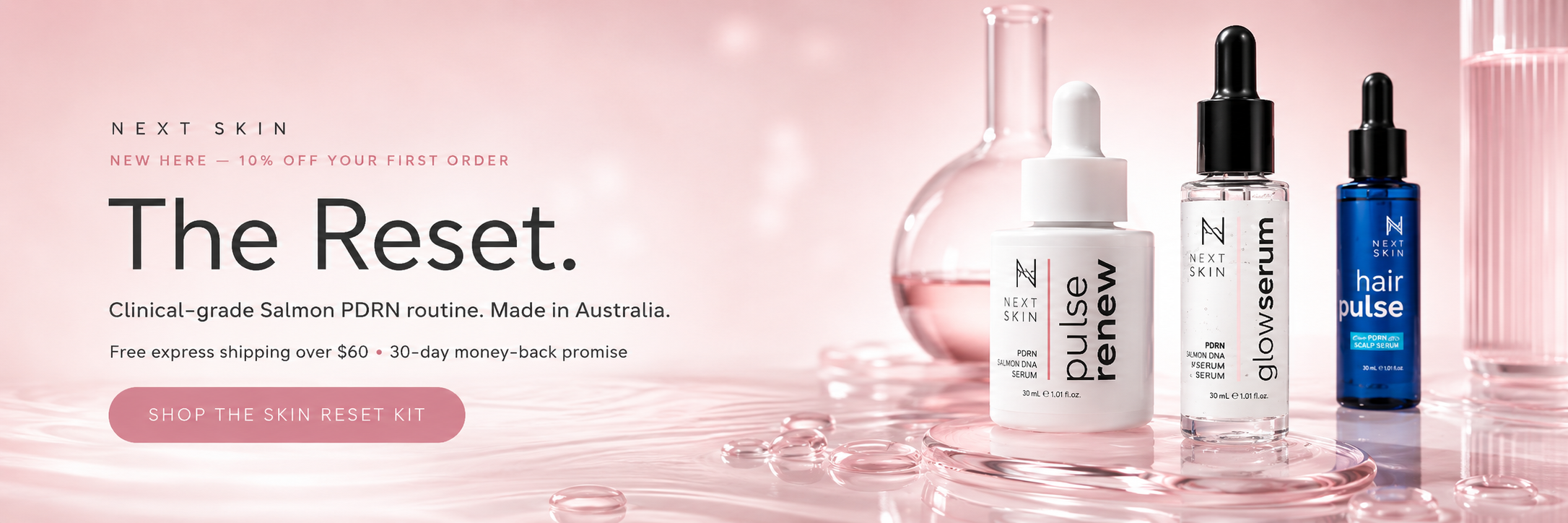 The Reset skin routine promo banner featuring Next Skin Pulse Renew serum, Glow Serum, and Hair Pulse on a soft pink backgroundslider_item_hXE8mP